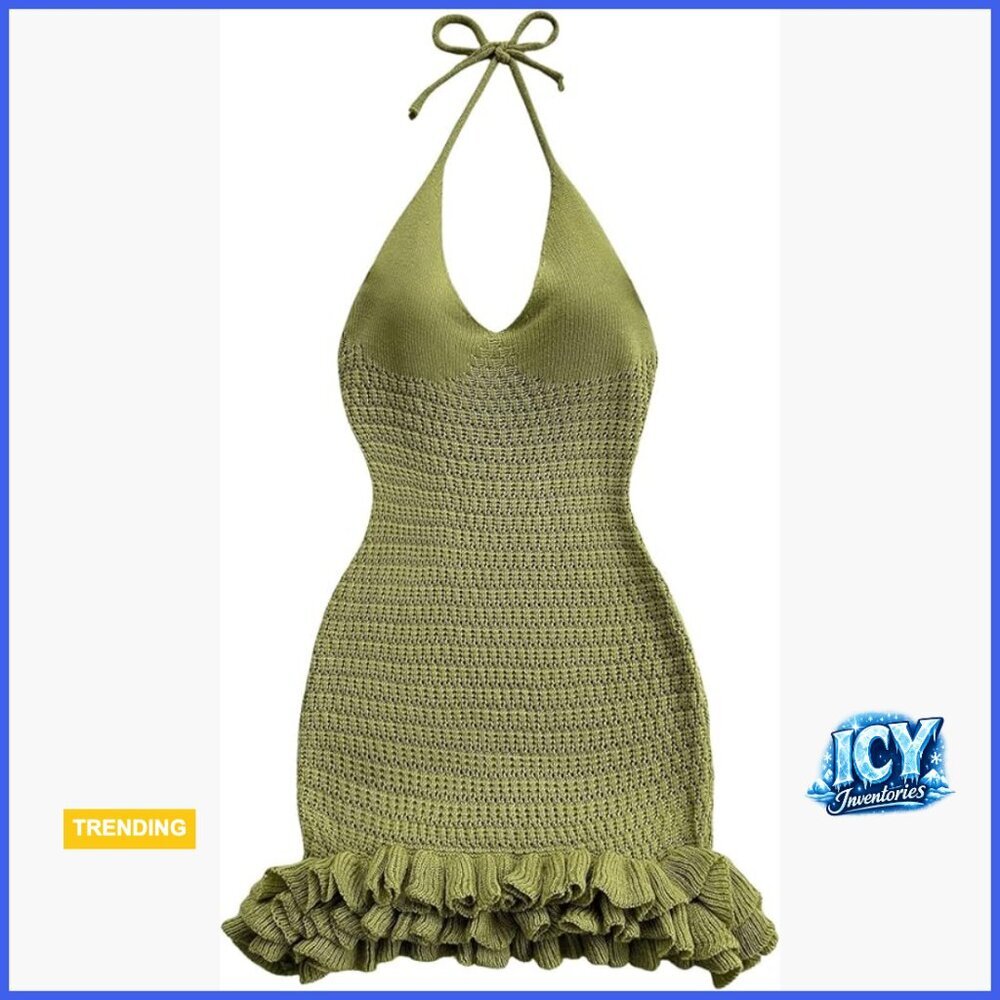 Crochet Halter Backless Knit Dress Summer Festival Vacation